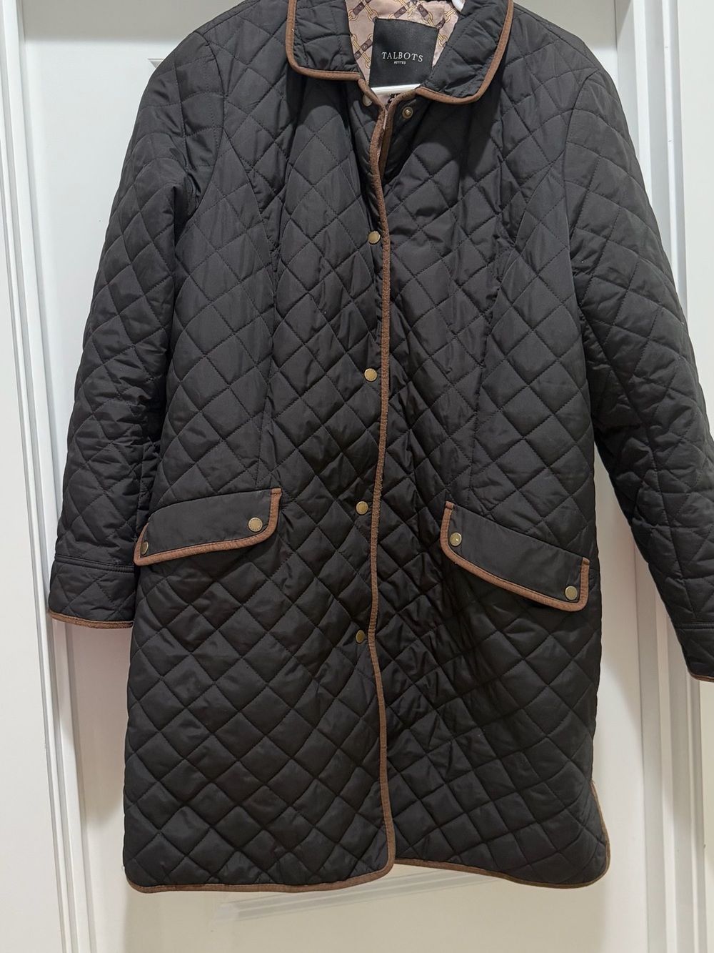 Talbots (Petite) Quilted Black Coat with Brown Trim